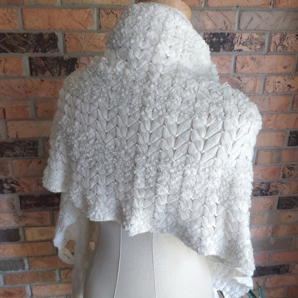 Knitted White Wide Scarf, Silver Shimmer, Tassels - Picture 3 of 6